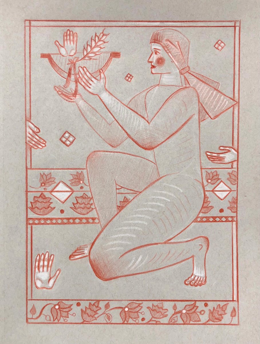 Naive Portrait Drawing By Yuliia Chaika, 12 X 10", «Sacrifice To Heaven», Original Artwork