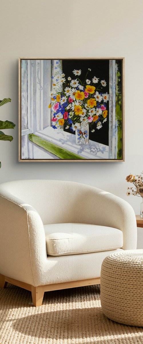 Daisy and Wildflower Bouquet on Window Sill by Natalia Shaykina