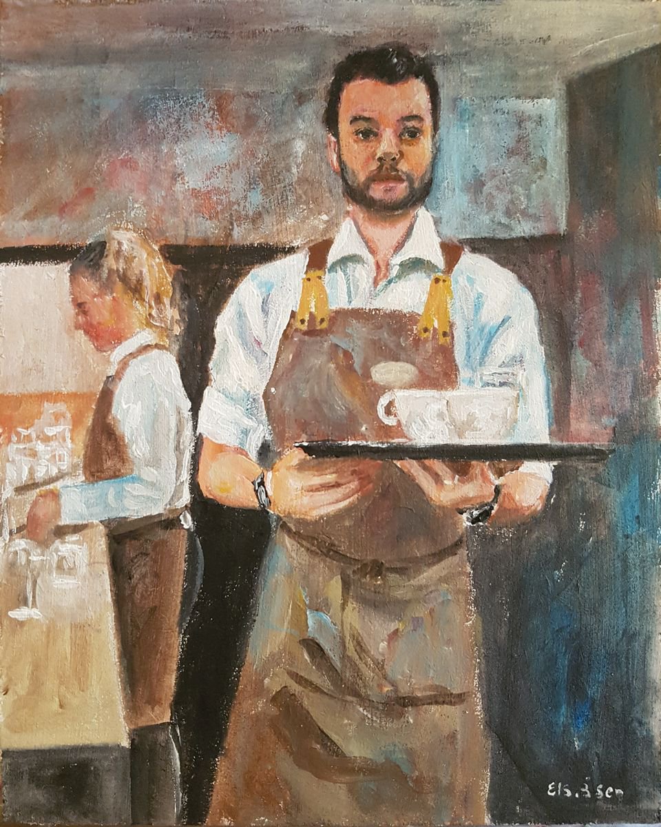 Impressionistic Portrait Acrylic Painting By Els Driesen, 8 X 10, Waiter, Original Artwork