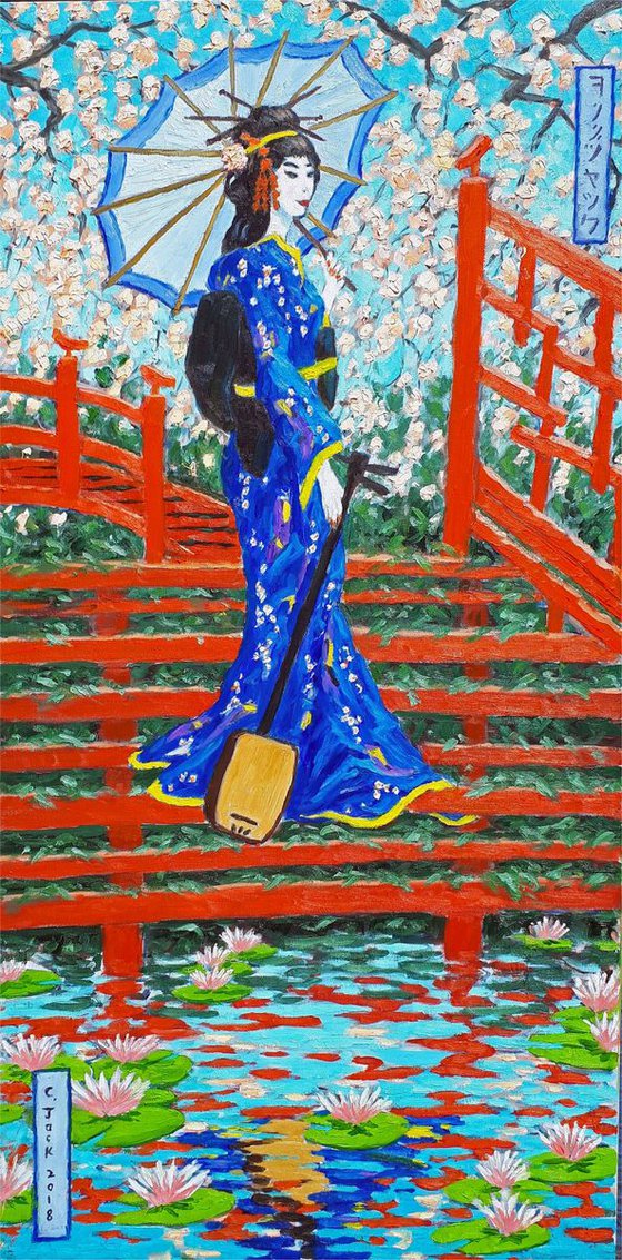 geisha with samisen on red steps