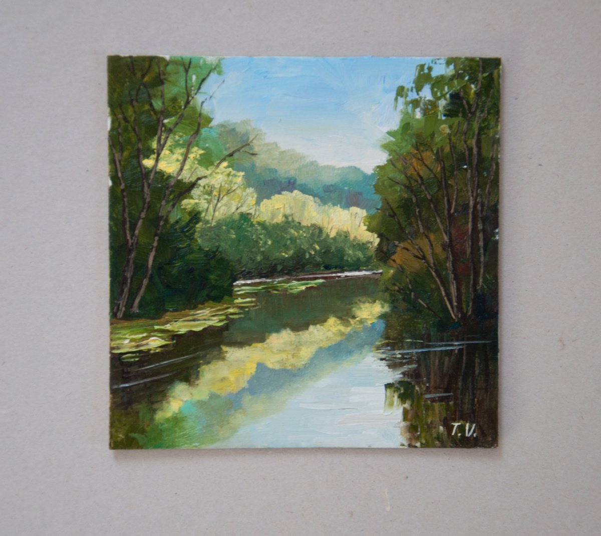 River landscape. Oil painting. 6 x 6in. by Tetiana Vysochynska