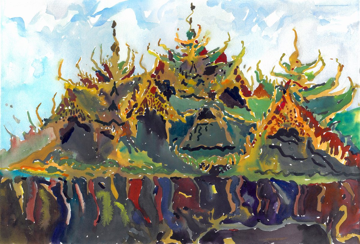 Impressionistic Cityscapes Watercolour By Tanbelia, 22 X 15", Pavilion Of Enlightened, Original Artwork