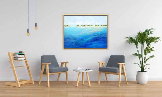SUMMER BREEZE. Large Seascape Abstract Beach Painting. Tropical Island Blue Ocean Textured Art, Sea Waves, Sky with Clouds, Sailboats, Palm Trees. Modern Impressionism
