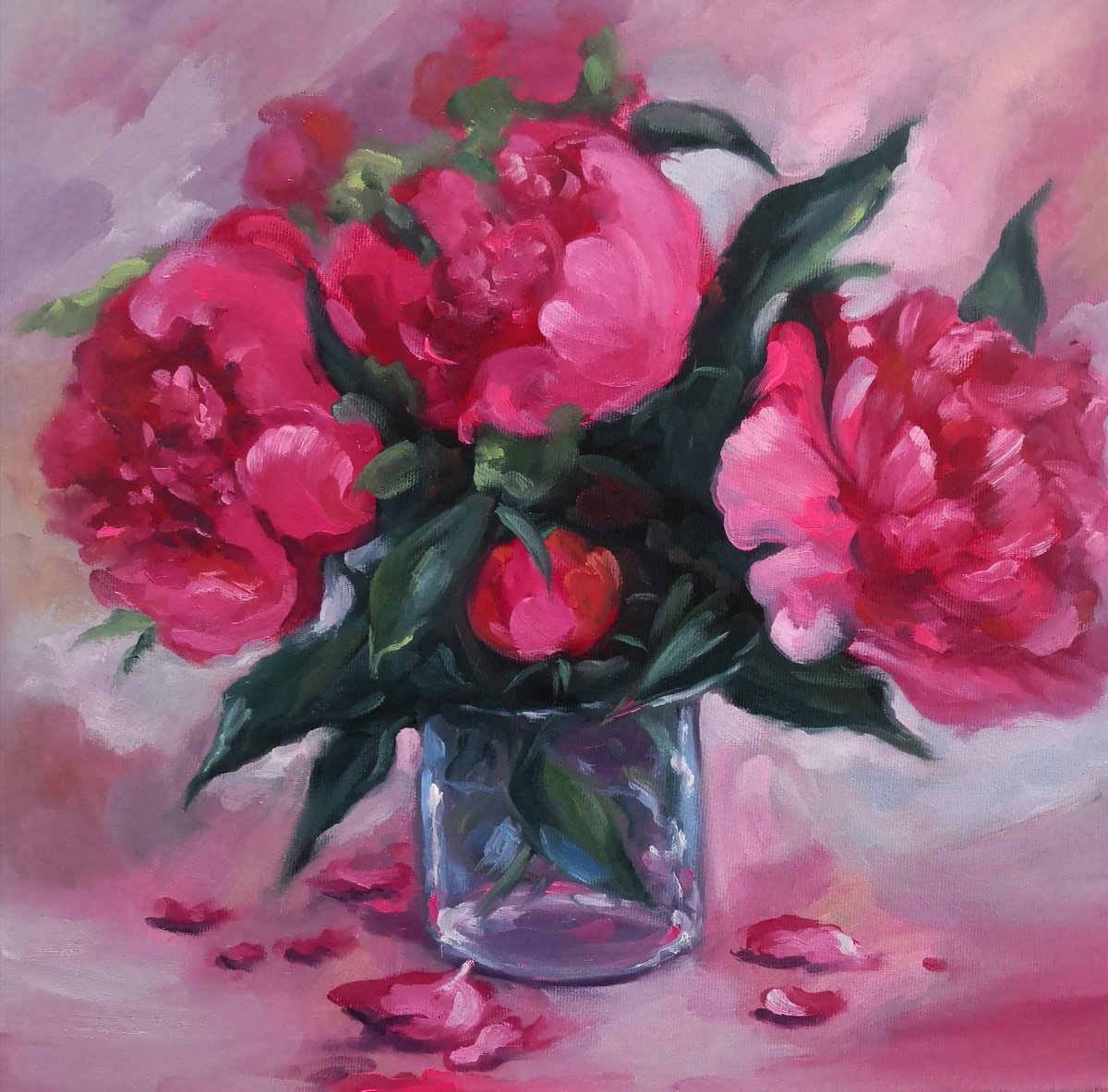 Pink Peonies in a glass still life by Jane Lantsman