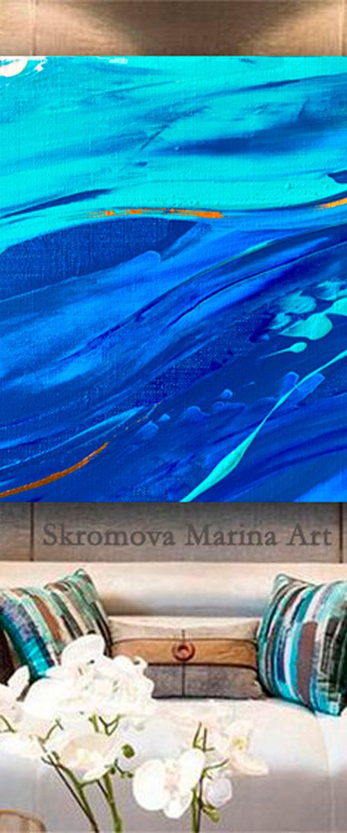 DEPTHS OF SEA FOG - Marine abstraction. Ocean. Waves. Enlightenment. Smooth transition. Royal blue. Curves. Fine work. by Marina Skromova
