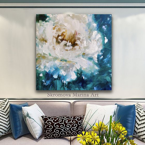 OPEN BUD - White. Peony. Floral. Royal Flower. Lush. Abstraction. Blue. Macro. Emerland. Modern. Close.