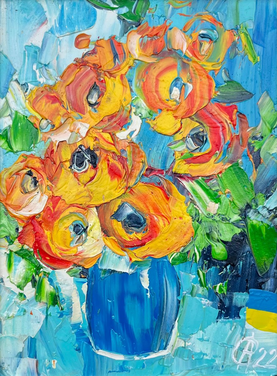 Abstract Botanical Oil Painting By Svitlana Andriichenko, 7 X 9", Vase In Orange, Original Artwork