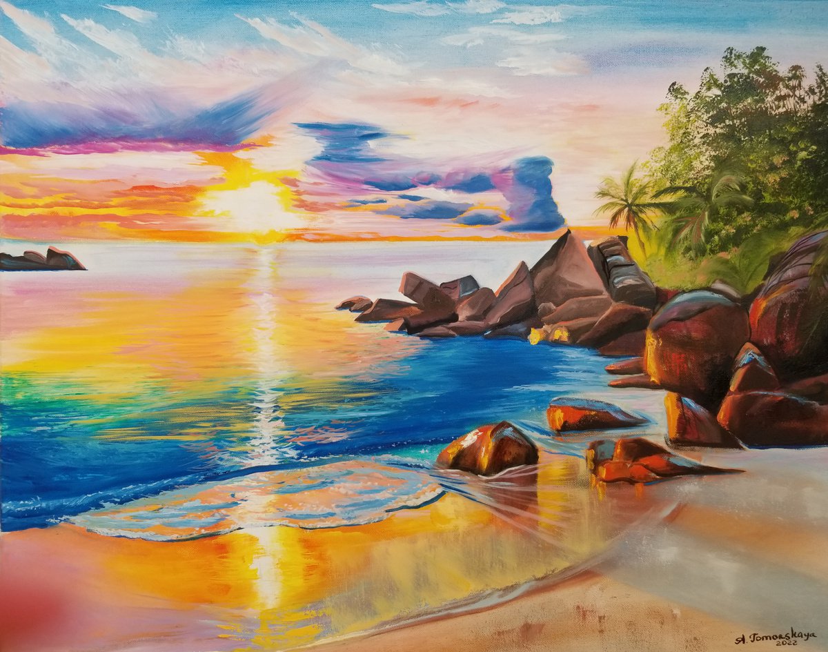 Beach. Sea Landscape. Tropical. Sky and Sea. Sunset. Mothers Day Gift. Original Oil Painti... by Alexandra Tomorskaya/Caramel Art Gallery