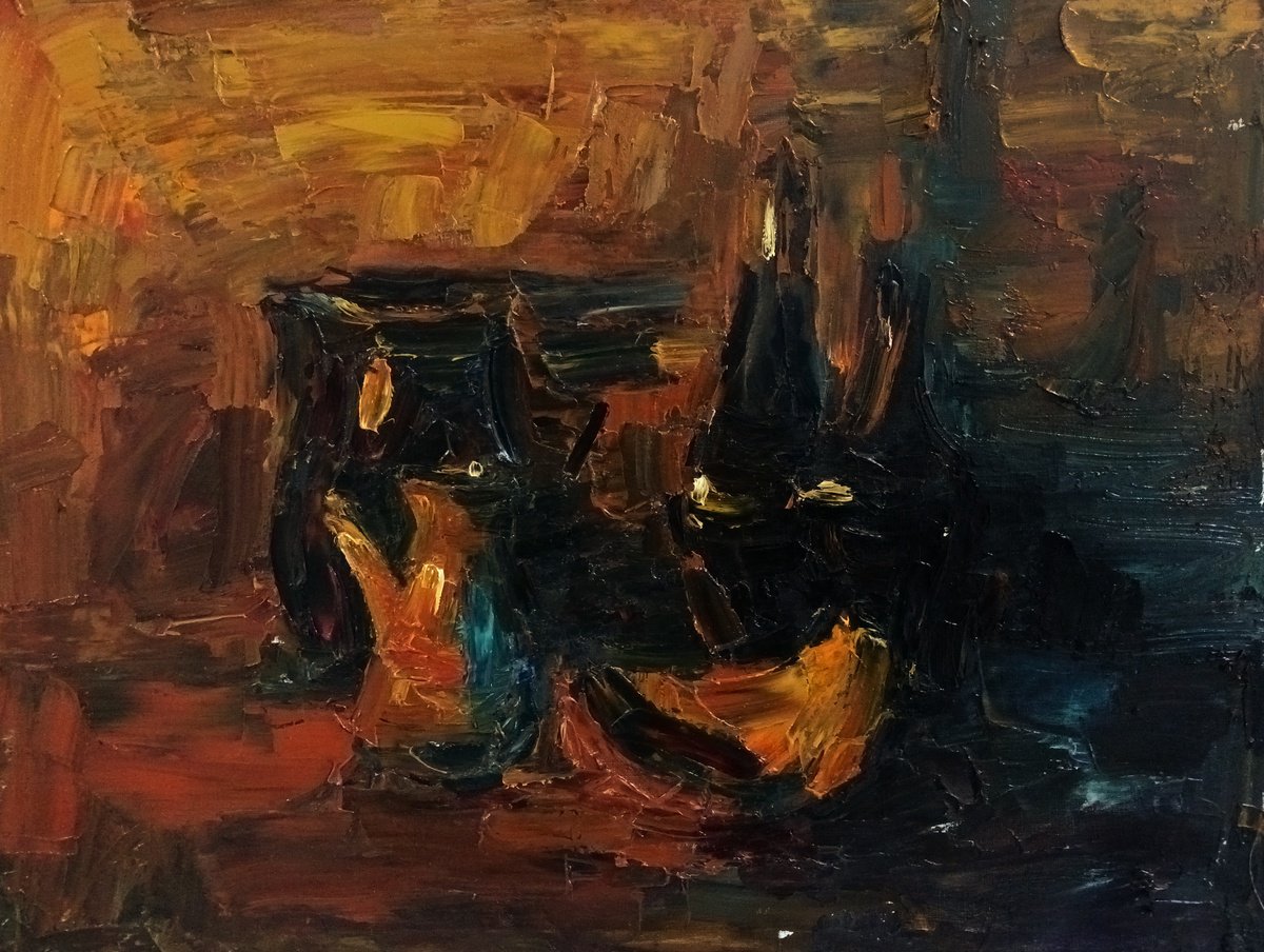 Expressive Still Life Oil Painting By Stanislava Cherkasova, 35 X 28", Evening Shadows, Original Artwork