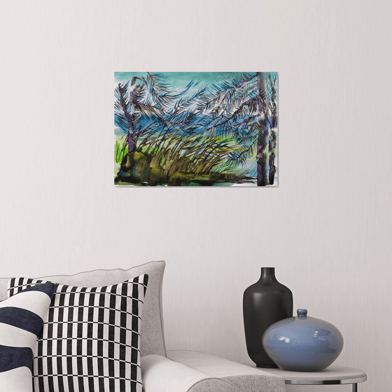 Pines by the river. Painting from nature on Lake Seliger