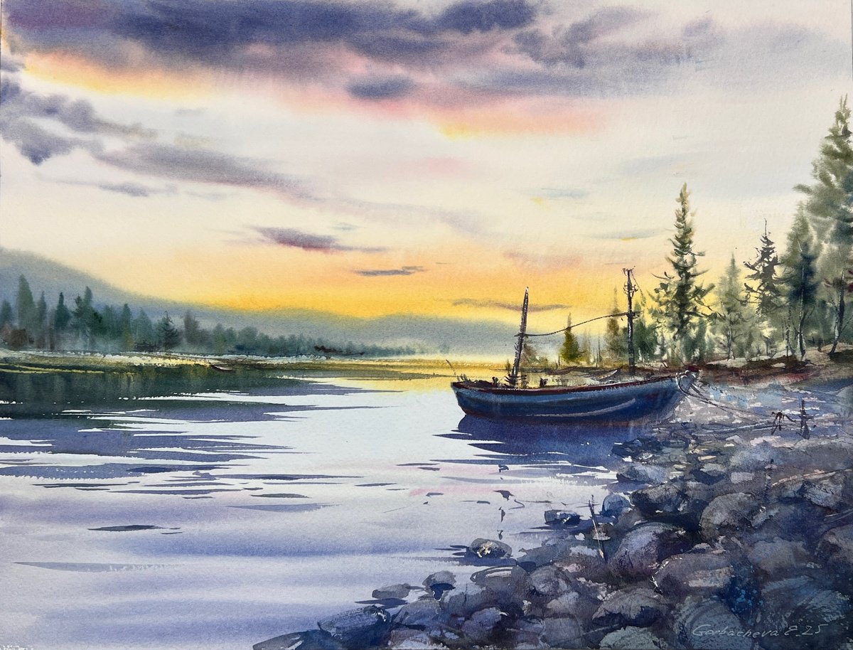 Impressionistic Watercolour , A Lonely Boat At Sunset By Eugenia Gorbacheva, 16 X 12, Artwork For Sale On Artfinder