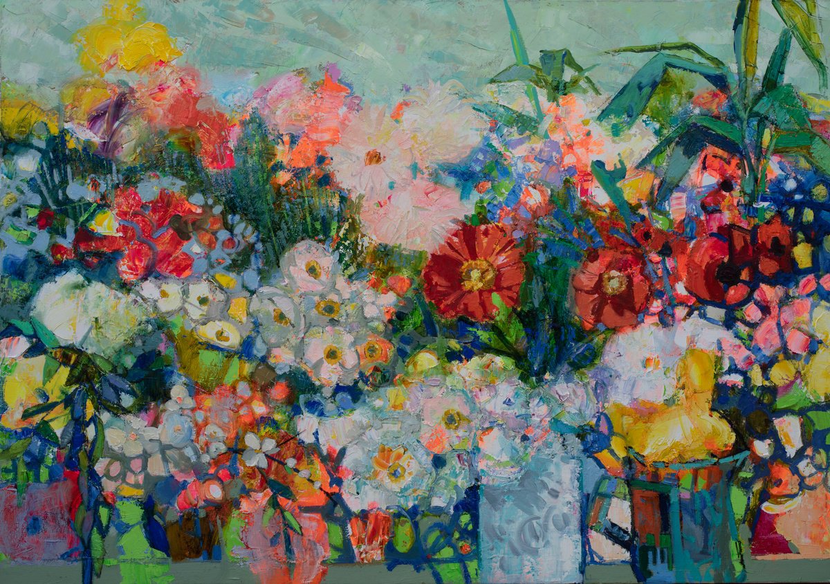 Impressionistic Botanical Painting By Khanlar Asadullayev, 39 X 27", Harmony Of Flowers, Original Artwork