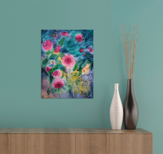 Roses Watercolor Painting, Abstract Wall Art, Pink Flowers Original Artwork