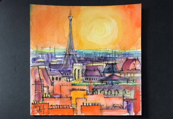 PARIS ROOFTOPS VIEW FROM CENTRE POMPIDOU watercolor painting Mona Edulesco