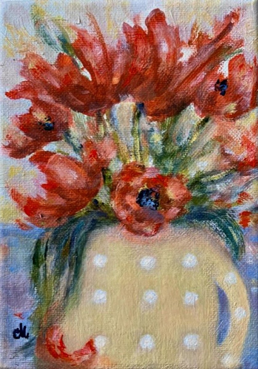 Impressionistic Botanical Acrylic Painting By Cristina Mihailescu, 5 X 7, Tulips Love, Original Artwork