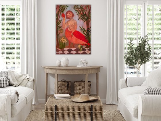 Sirens Art Modern Woman Nude, Bird Woman, canvas, oil - Garden guards 63x90 cm