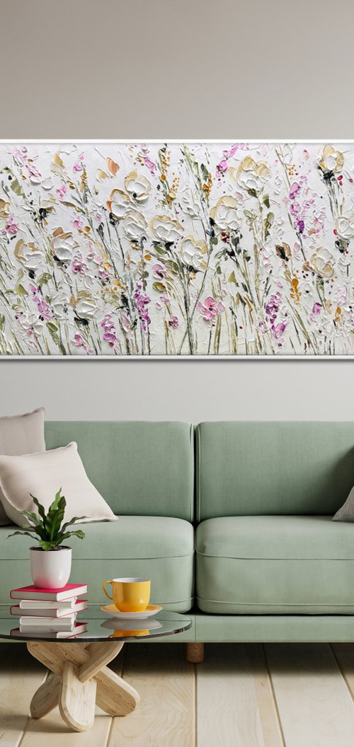 White Roses - 3D Textured Flower Painting Abstract Beige White Pink Purple Flower Painting Decor Living Room Decor Texture Acrylic Painting by Lana Guise