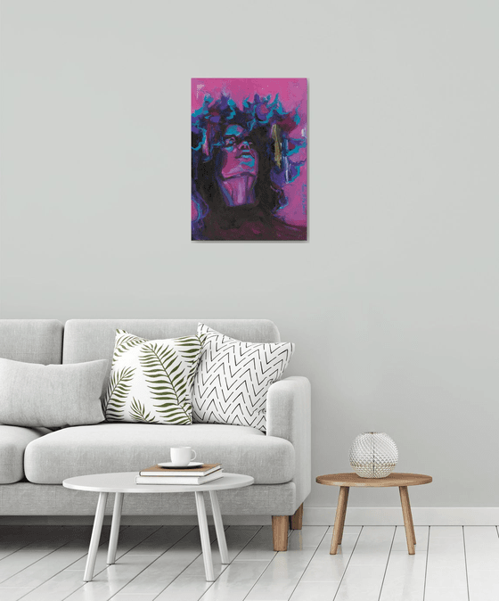 YOU ARE BLOOMING - African American wall art, black woman portrait, colorful contemporary original oil painting, purple pink canvas