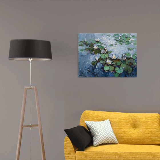 White Water Lilies in pond -  Original Oil painting