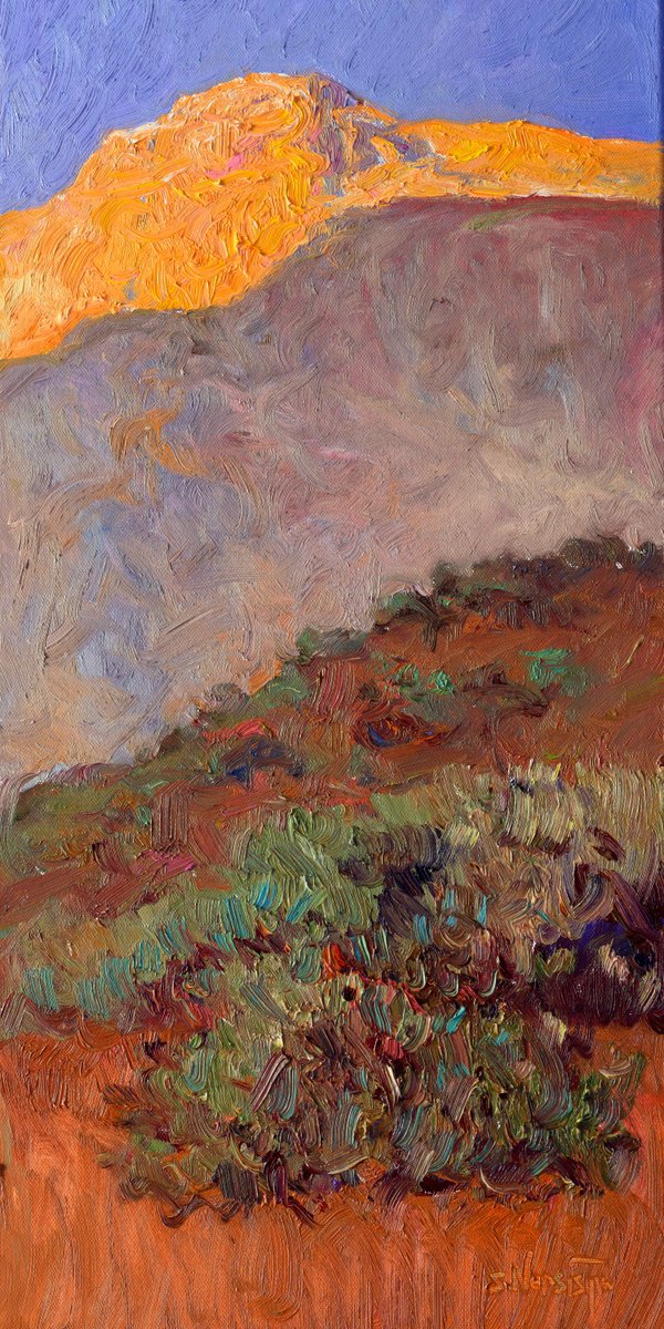 Expressive Landscape Oil Painting By Suren Nersisyan, 12 X 24", Last Sunrays. High Desert, Original Artwork