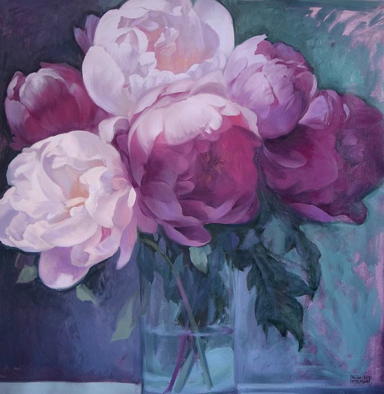 Peony bouquet in a glass vase