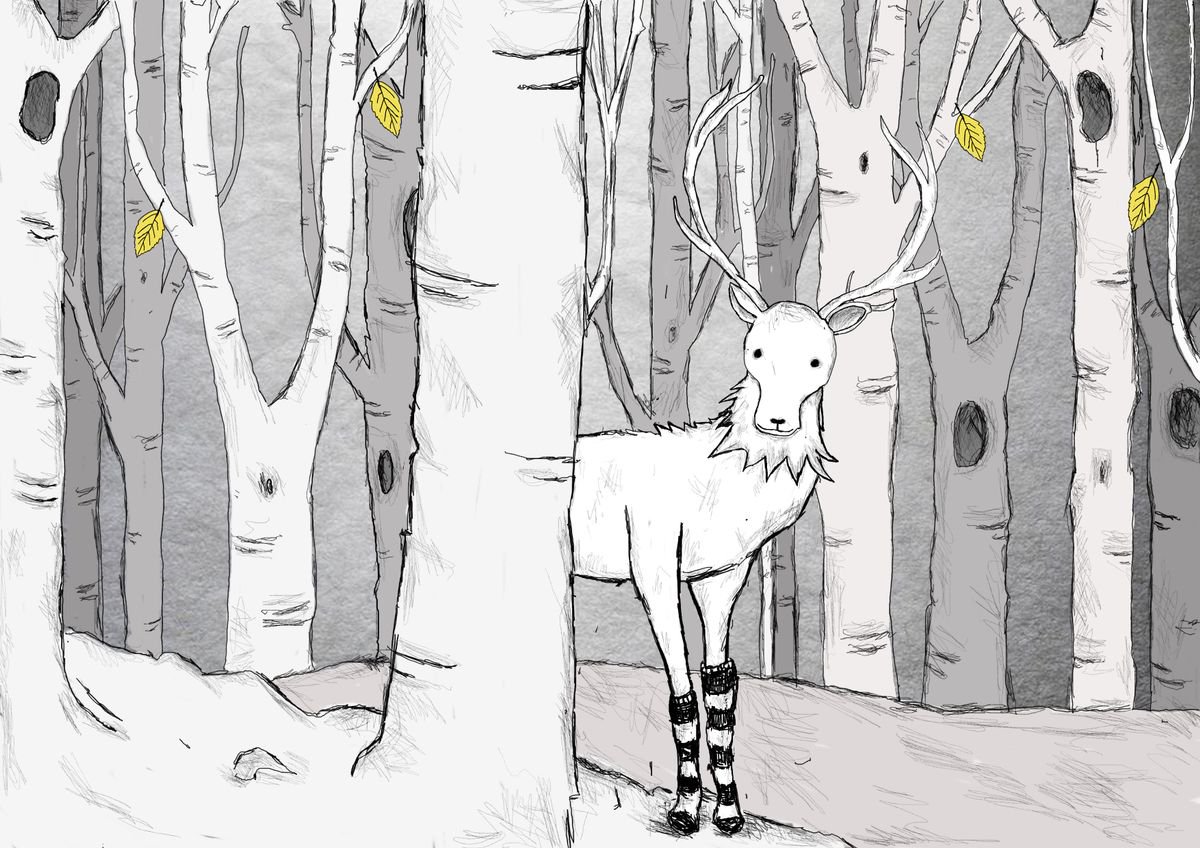 deer in woods wearing socks by Indie Flynn-Mylchreest of MeriLine Art