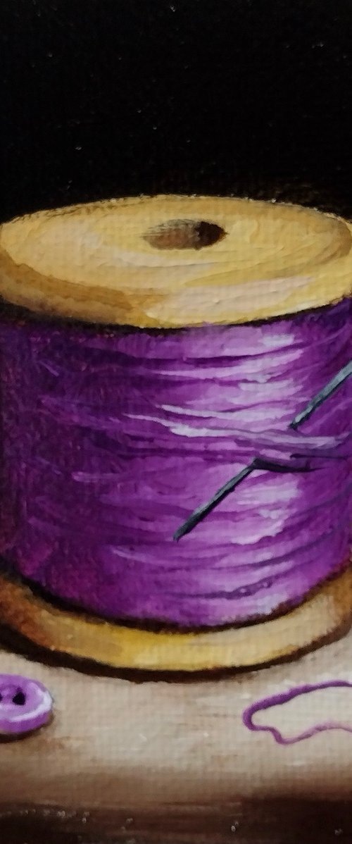 Little Purple  cotton reel  still life by Jane Palmer Art