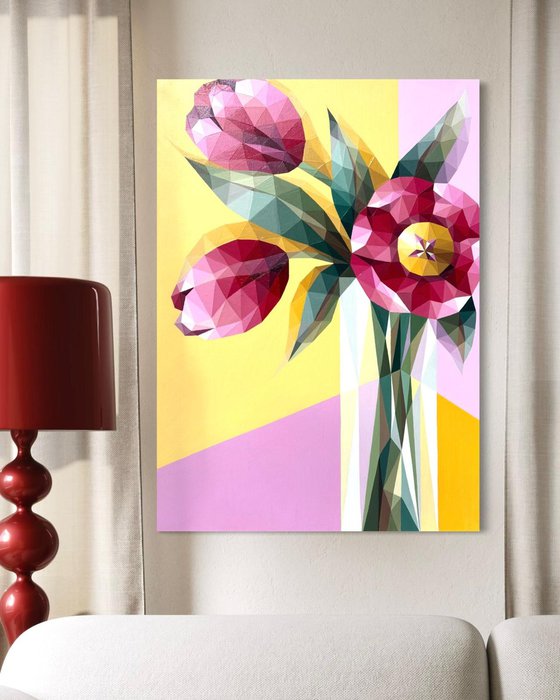 BOUQUET OF PINK TULIPS IN A VASE ON YELLOW