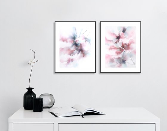 Floral diptych with soft pink and blue abstract flowers