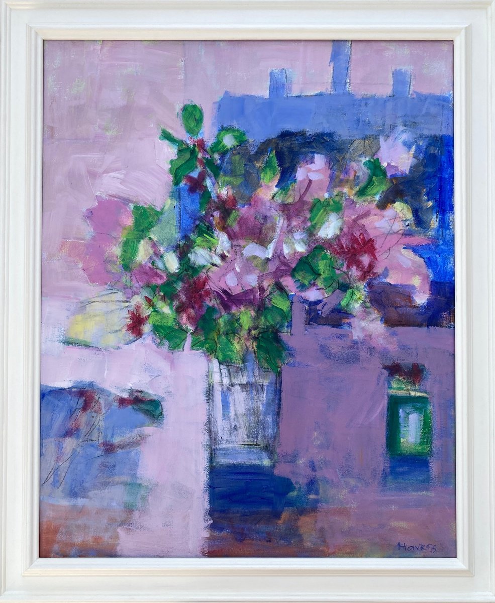 Flowers With Blue Pink By Chrissie Havers, 29 X 35, Artwork For Sale On Artfinder