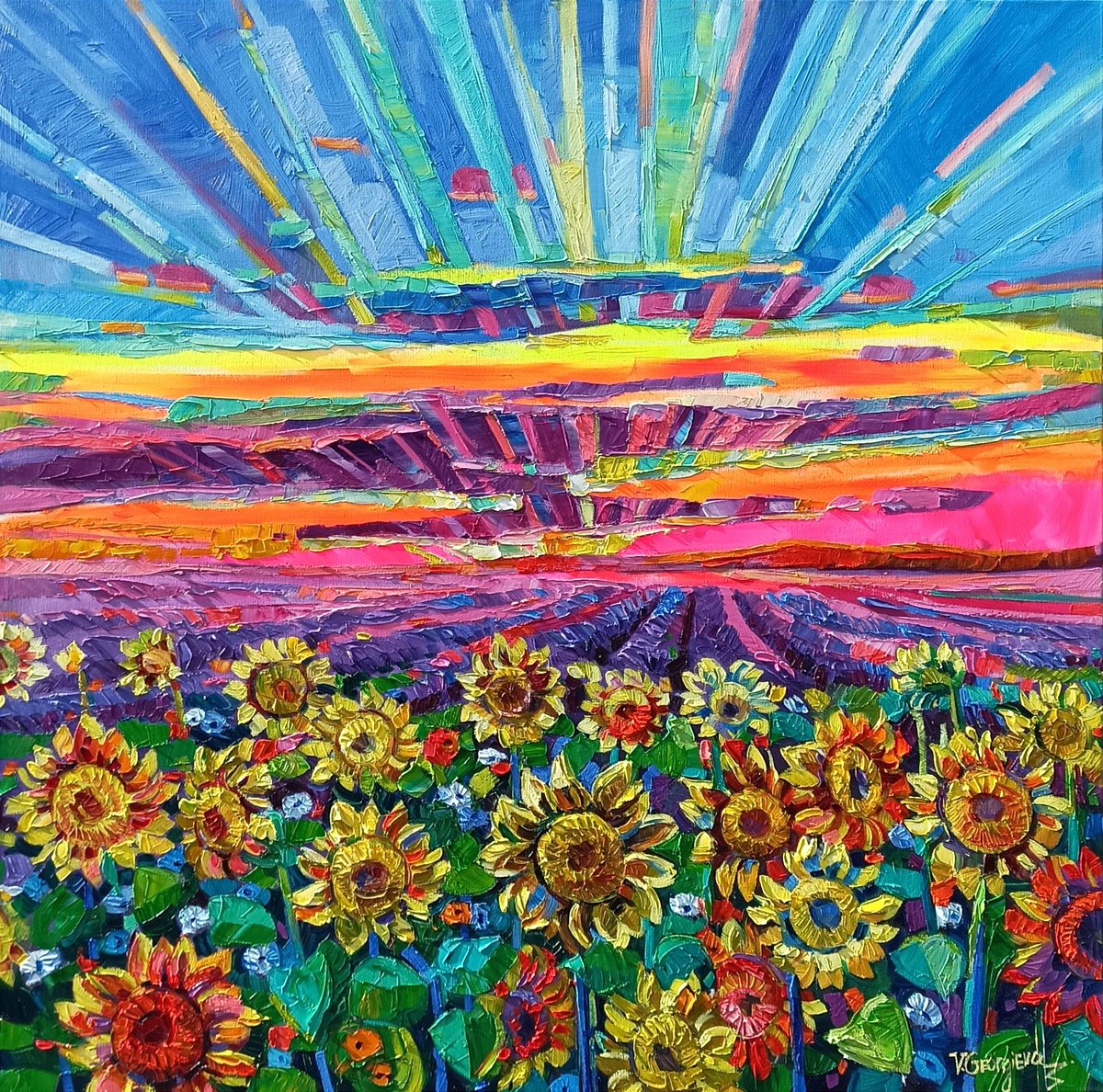Impressionistic Landscape Oil Painting By Vanya Georgieva, 39 X 39", When The Sunlovers Meet, Original Artwork