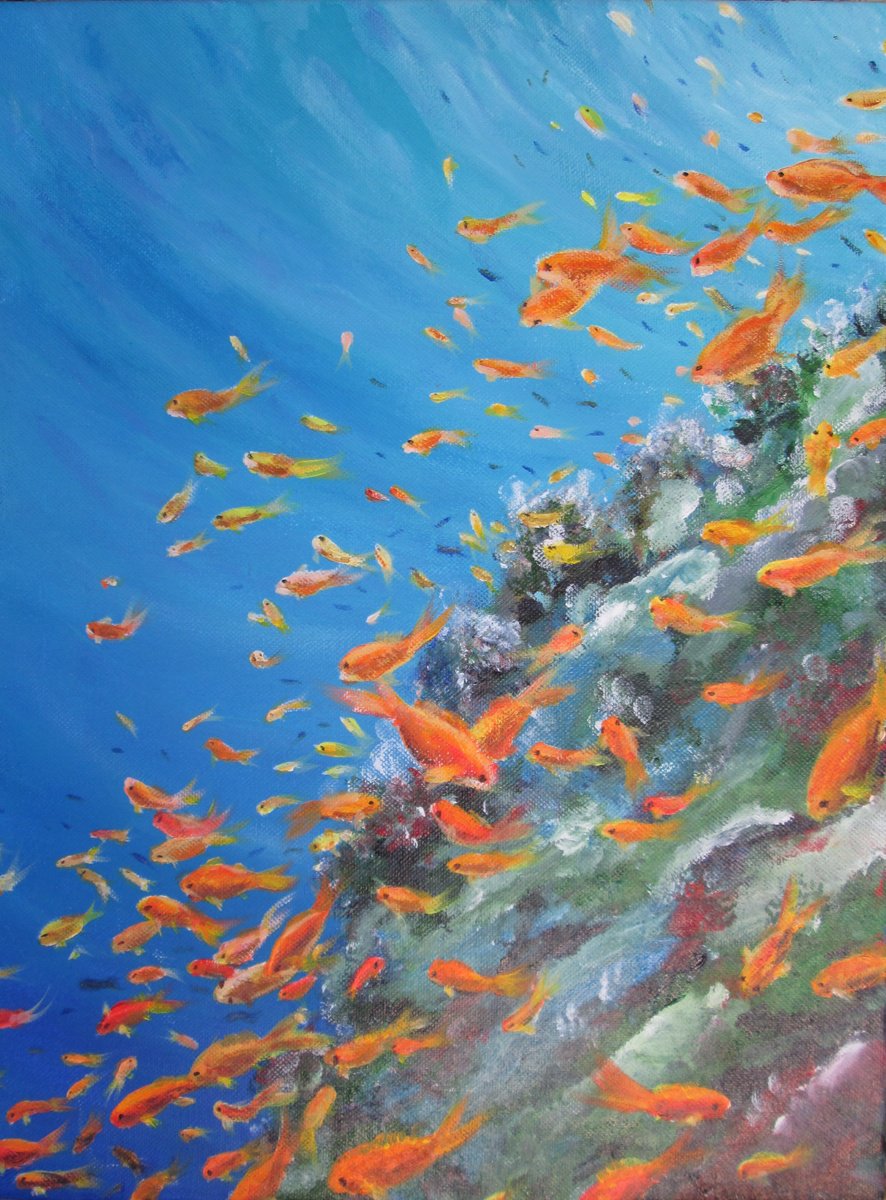 Impressionistic Landscape Acrylic Painting By Marjansart, 12 X 16", Fishes At A Sea Reef, Original Artwork