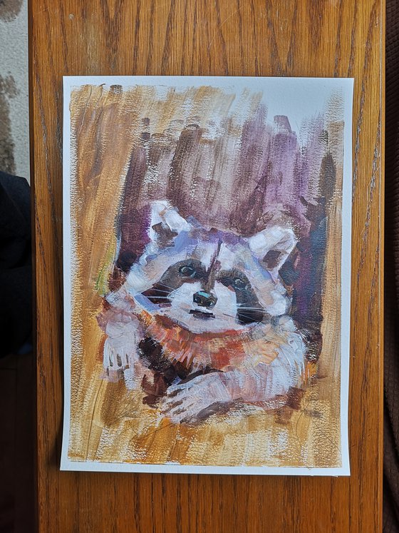 "Racoon #3" (acrylic on paper painting) (11x15x0.1'')
