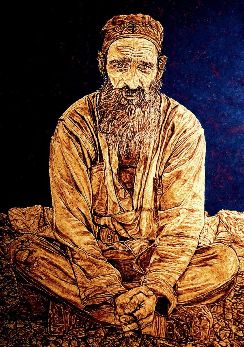 Expressive Portrait Painting By Milis Pyrography, 20 X 28", Ascetic, Original Artwork
