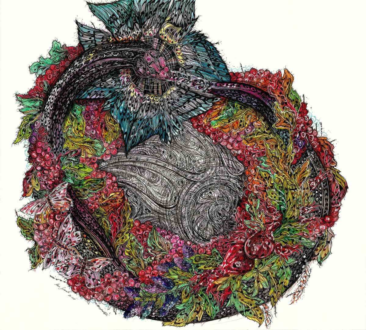 Impressionistic Animal Drawing By Maria Susarenko, 35 X 32", Ouroboros. Gothic, Original Artwork