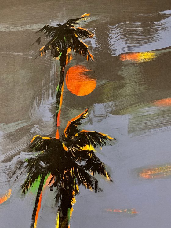 Expressionist painting - "Storm at sunset" - Pop Art - Palms and Sea - Night seascape - Sun - Orange Sunset