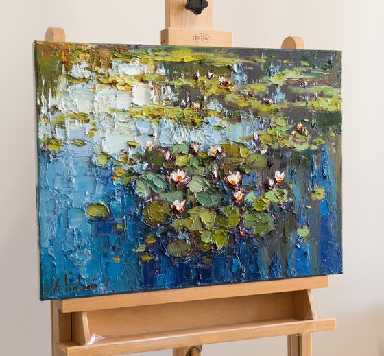 White Water Lilies - Pond flowers  Impasto Original Oil painting