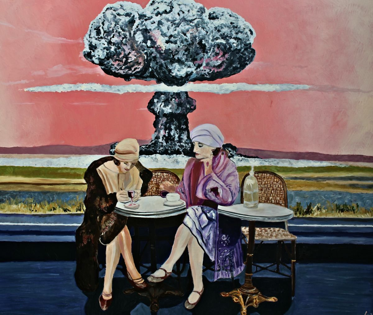 Surrealistic Landscape Oil Painting By Ken Vrana, 36 X 30", Atomic Tea, Original Artwork