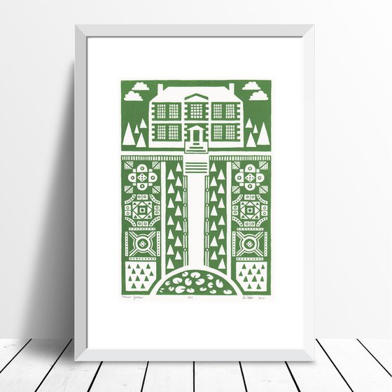 Manor Garden Screen Print A3 size in Heritage Green - Unframed - FREE Worldwide Delivery