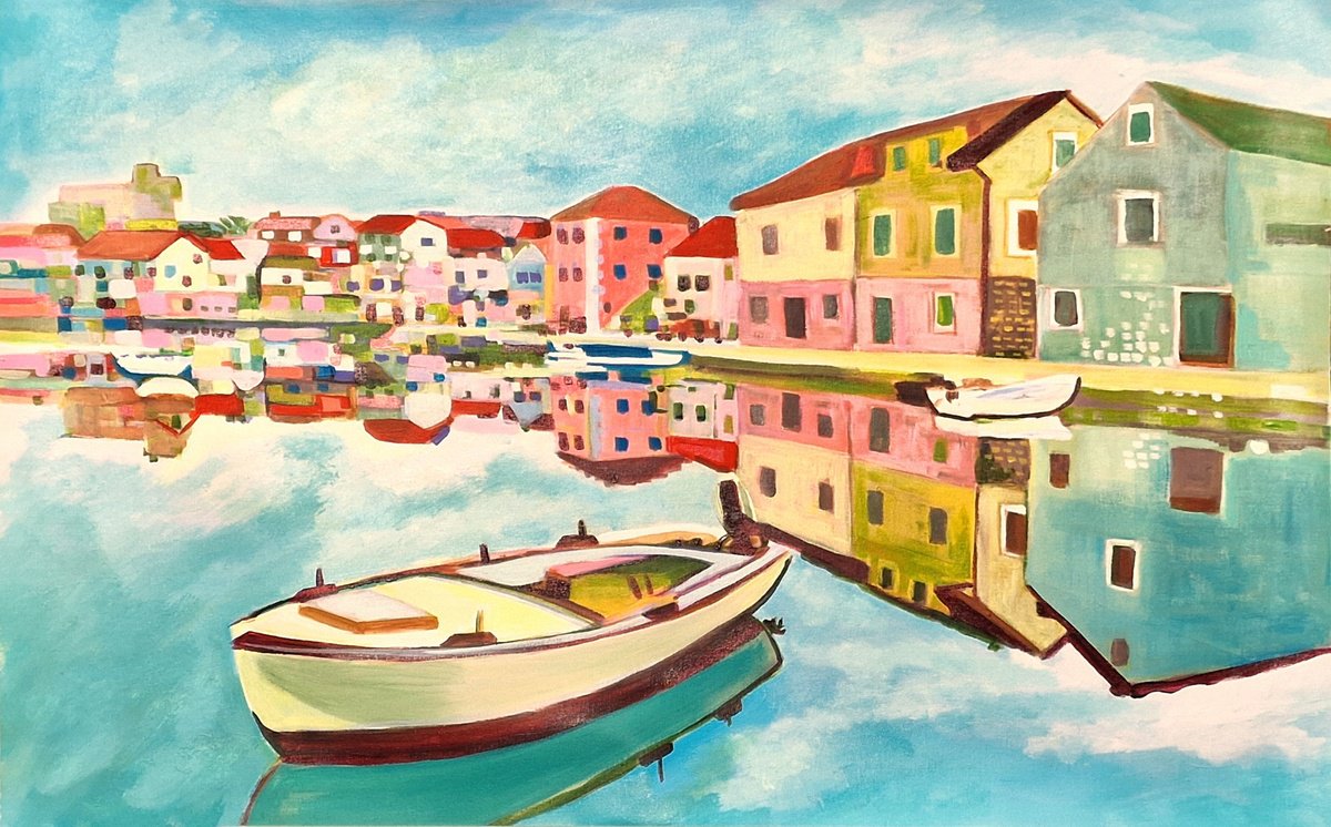 Impressionistic Cityscapes Acrylic Painting By Alexandra Djokic, 31 X 20, Mediterranean Village, Original Artwork