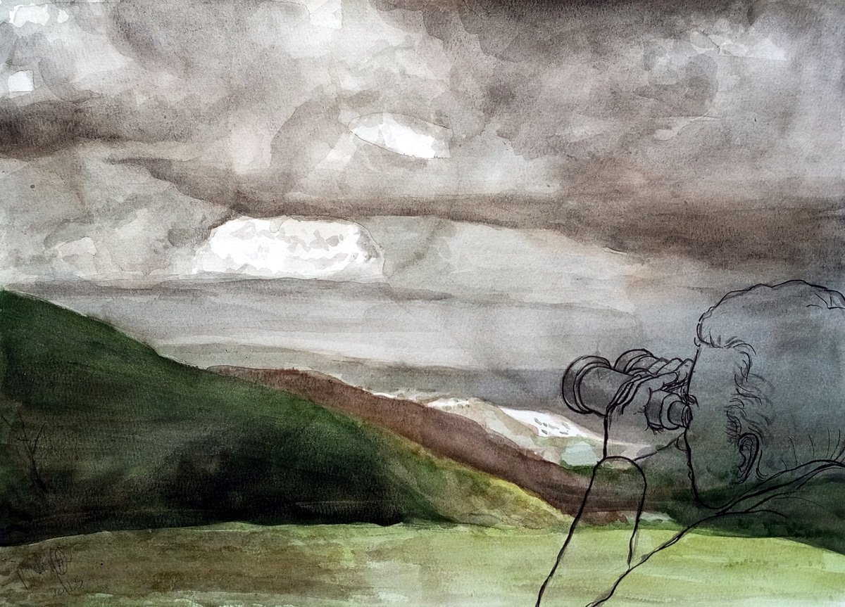 Illustrative Landscape Drawing By Paolo Beneforti, 17 X 12", Watcher, Original Artwork