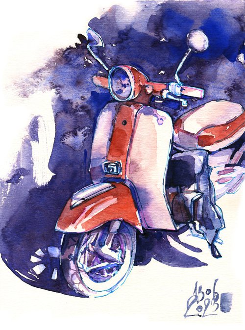 "Retro scooter. White with a red stripe" - watercolor sketch - series "Artist's Diary" by Ksenia Selianko