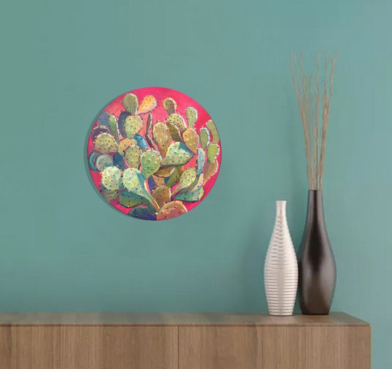 Opuntia cactus. Round bright painting.