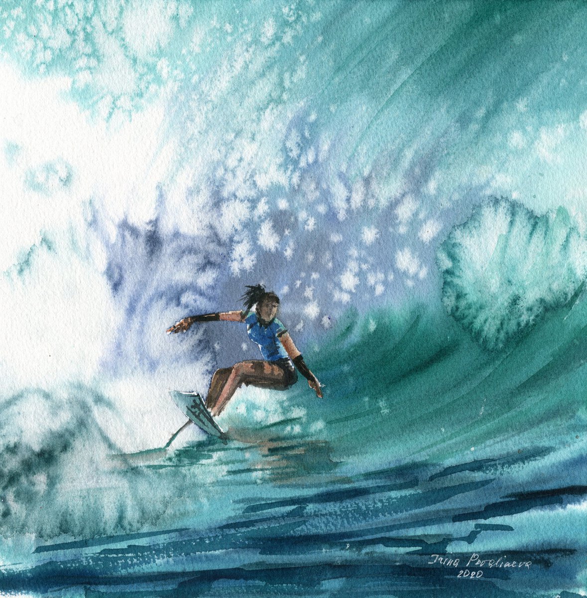 Desperate surfer girl, original art work, sea, blue, turquize, medium format by Irina Povaliaeva