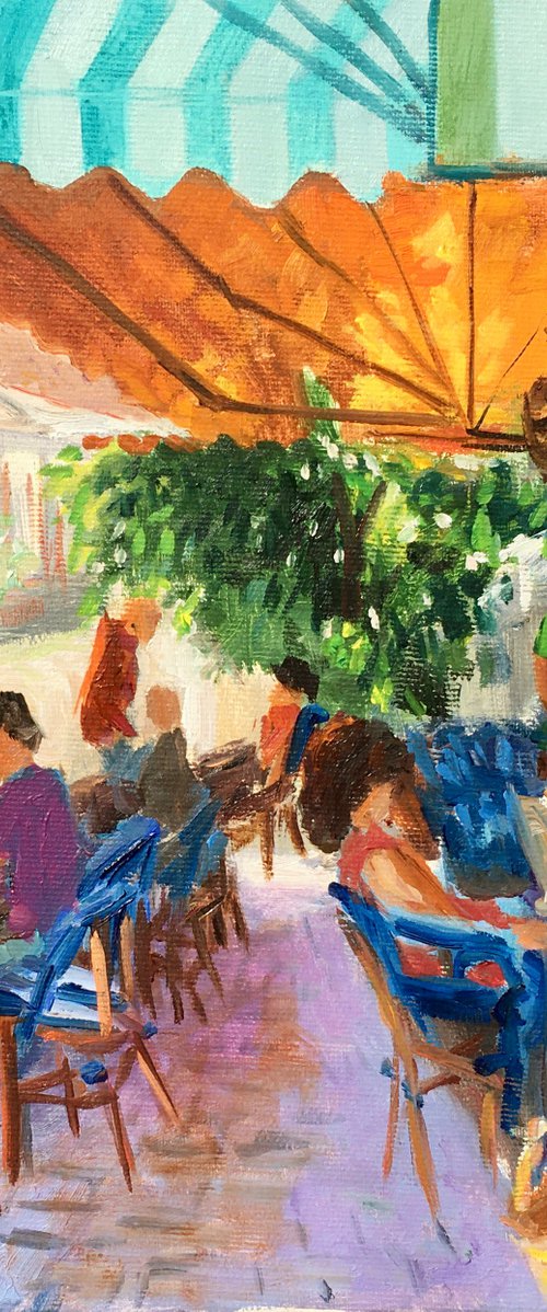South Tel Aviv Cafe, Israeli Art, original oil painting by Leo Khomich