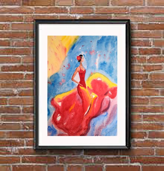 Flamenco Painting Dance Original Art Spanish Dancer Original Watercolor Artwork 12 by 17 inches