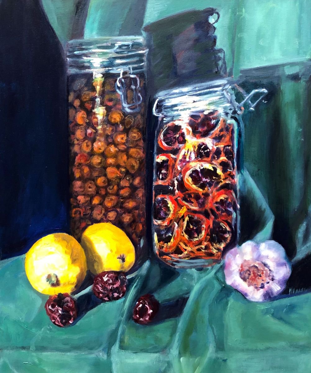 Impressionistic Still Life Oil Painting By Maureen Finck, 20 X 24", Olives, Zizyphus And Oranges, Original Artwork