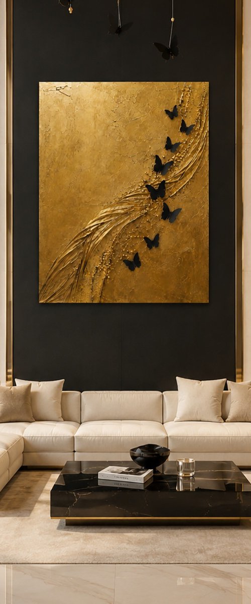 Gold Abstract Butterfly in Flight by Indie Ru
