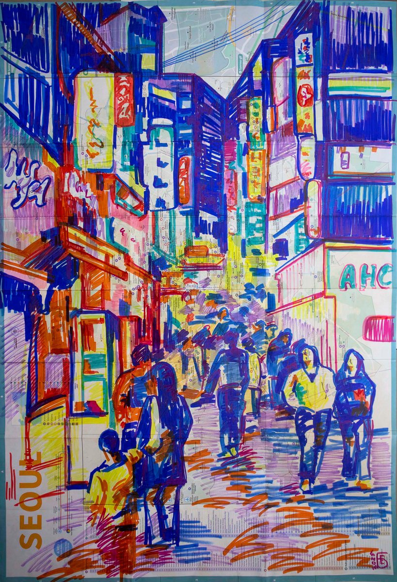Illustrative Cityscapes Drawing By Kateryna Bortsova, 22 X 35", Seoul Myeongdong, Original Artwork