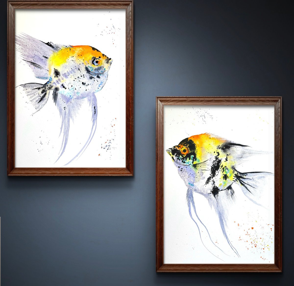 Impressionistic Animal Watercolour By Yuliia Sharapova, 31 X 20", Set Of 2 Exotic Yellow Fish, Original Artwork
